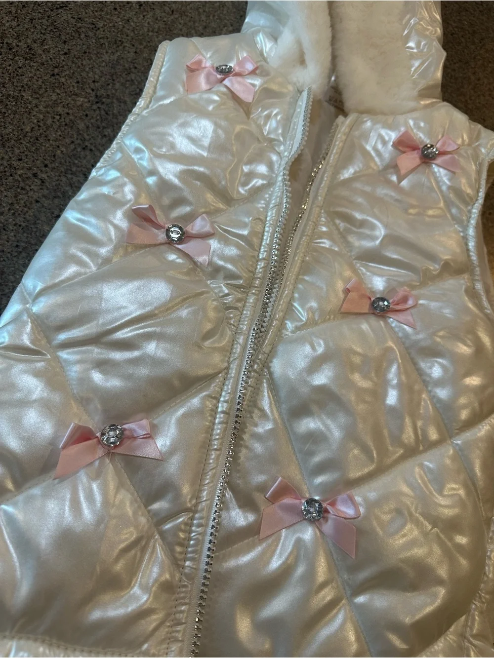 Little Lass Pearl White Quilted Hooded Vest with Pink Logo